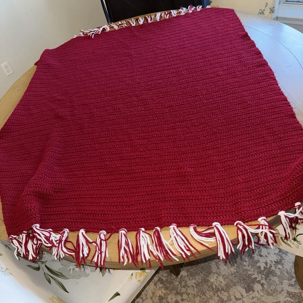 Handmade Crochet Afghan Throw Blanket Red White Fringe 48x56 Christmas Rustic